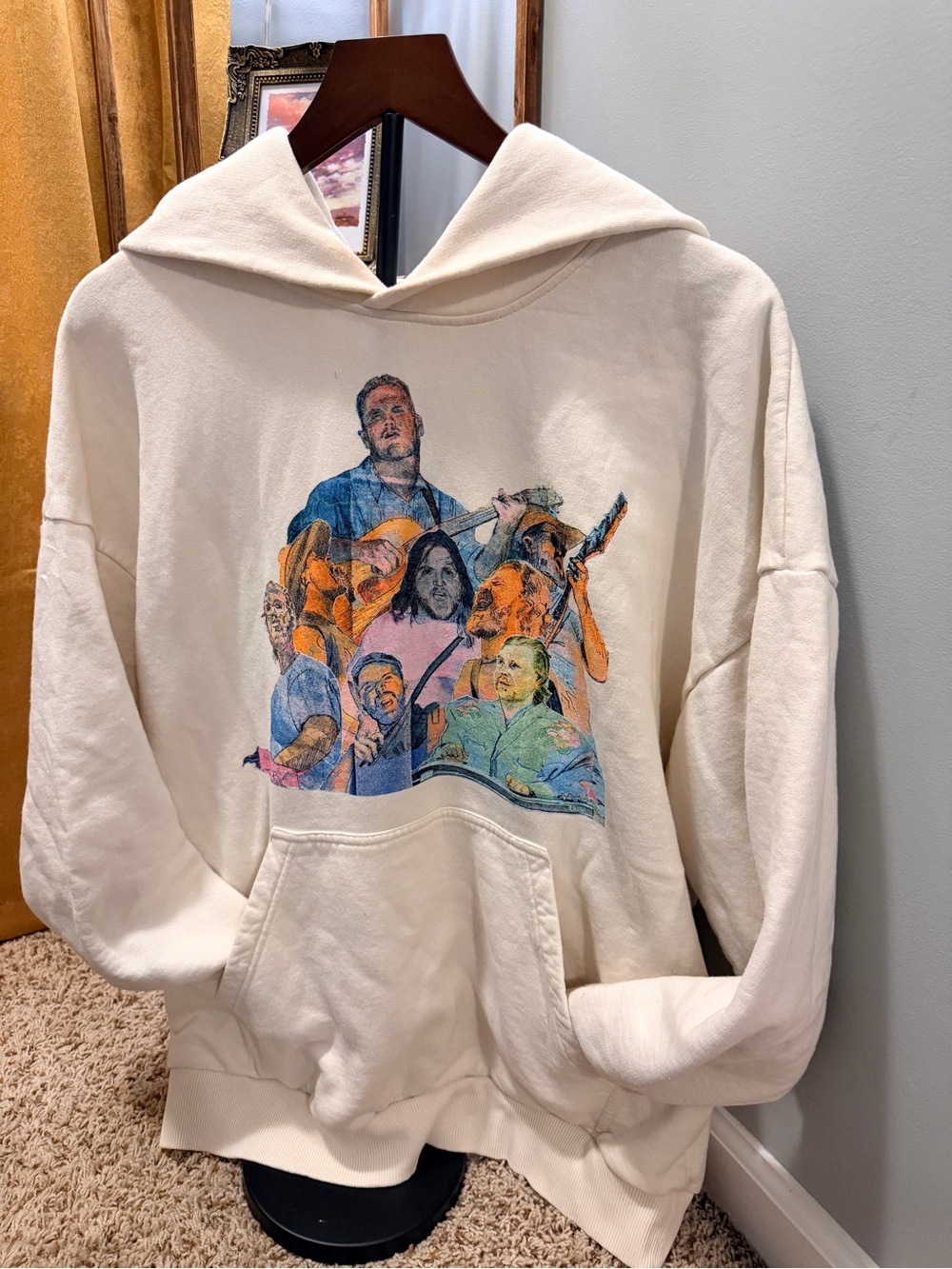 Cream Graphic Pullover Hoodie - Band Collage Print